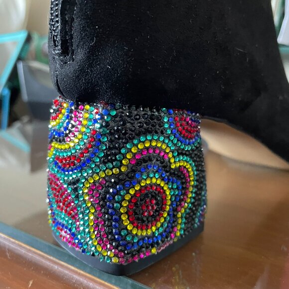 Betsey Johnson Floral Rainbow Rhinestone Heel Black Ankle Boot - Picture 2 of 9